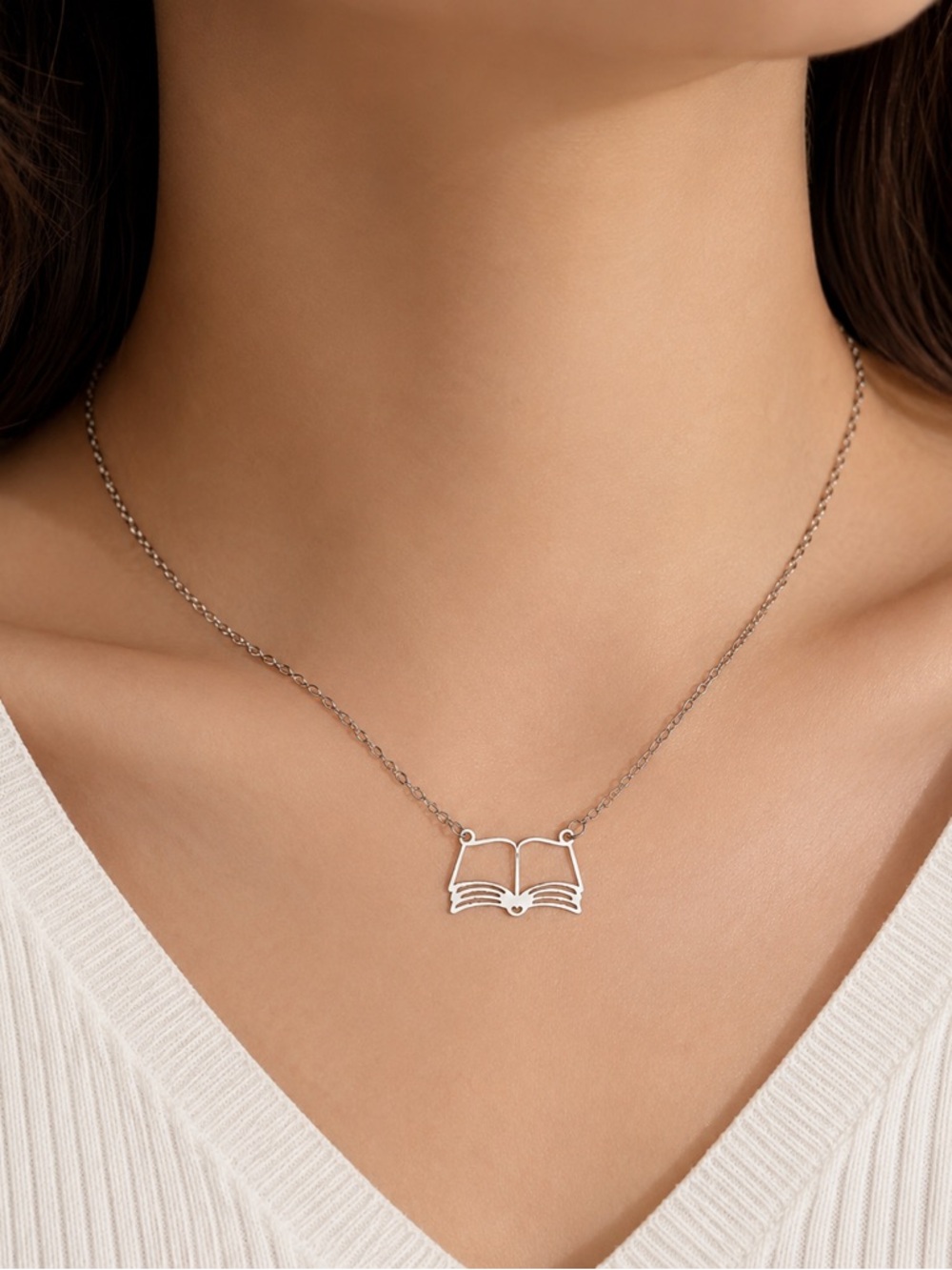 Silver Open Book Necklace | Book Lover Jewelry | Reader Aesthetic Necklace